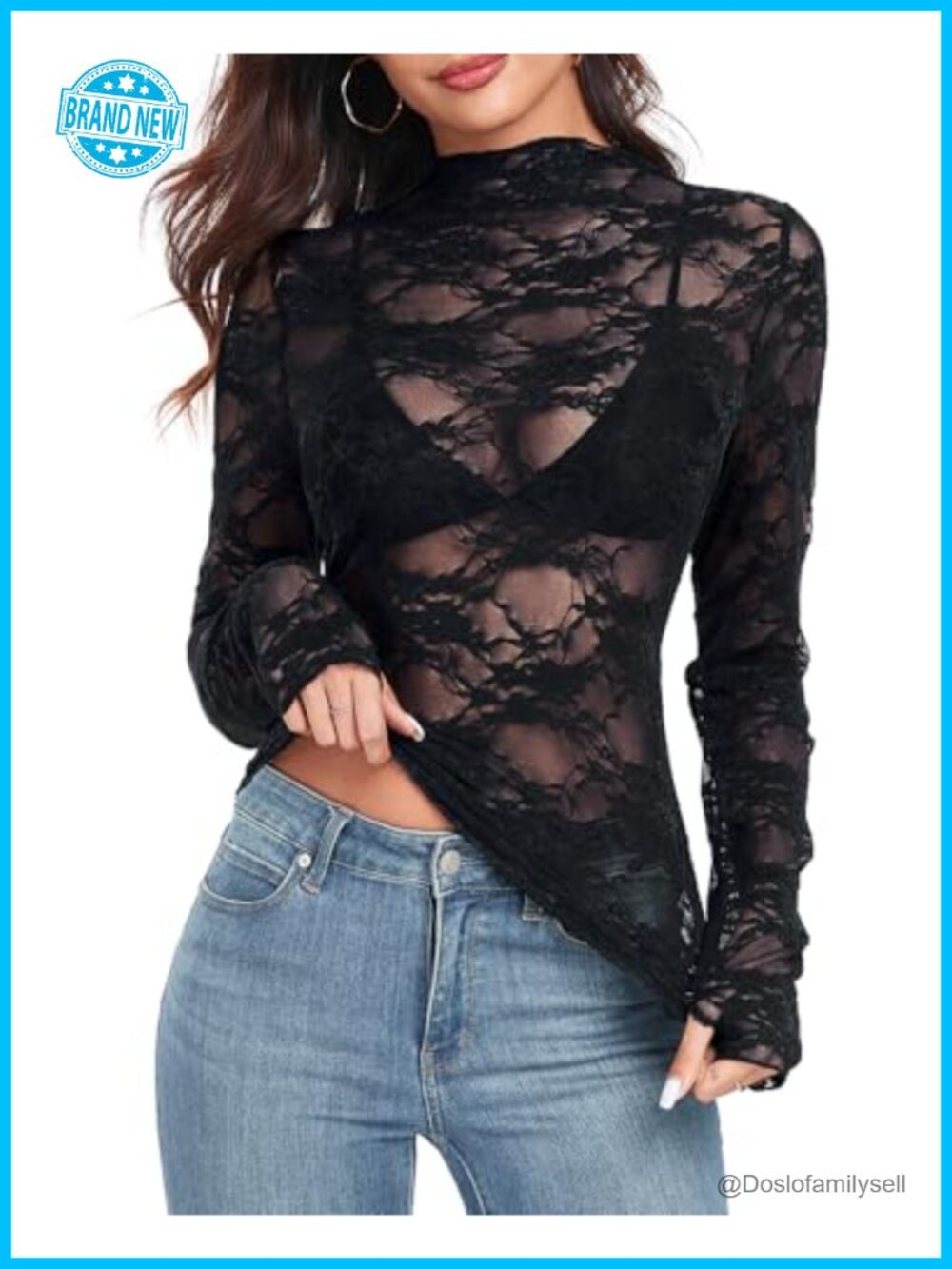 Womens Lace Sheer Mesh Top Long Sleeve Mock Neck Blouse